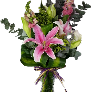 Calgary Ruby Graceful Harmony Lily Arrangement in Tall Round Vase