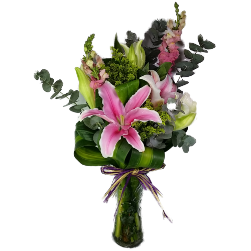 Calgary Ruby Graceful Harmony Lily Arrangement in Tall Round Vase