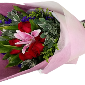 Calgary Ruby Flower Shop Romantic Embrace Roses & Red Lily Bouquet