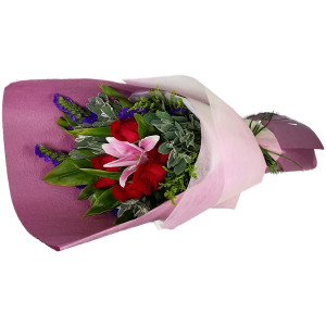 Calgary Ruby Flower Shop Romantic Embrace Roses & Red Lily Bouquet