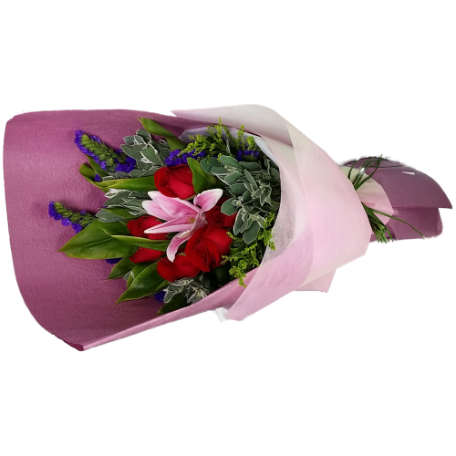 Calgary Ruby Flower Shop Romantic Embrace Roses & Red Lily Bouquet