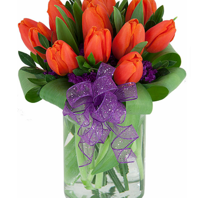 Sunlit Elegance One Dozen Orange Tulips in Vase