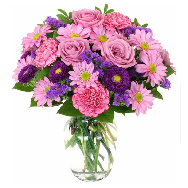 Romantic Whispers Round Vase Pink and Purple Blooms