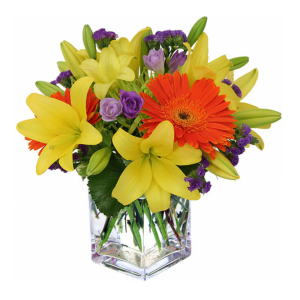 Calgary Ruby Colorful Joy Square Vase Yellow Lily Gerbera Arrangement