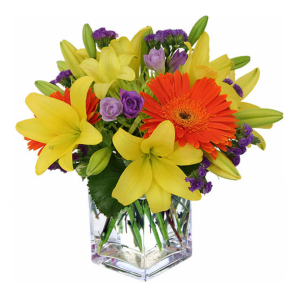 Calgary Ruby Colorful Joy Square Vase Yellow Lily Gerbera Arrangement
