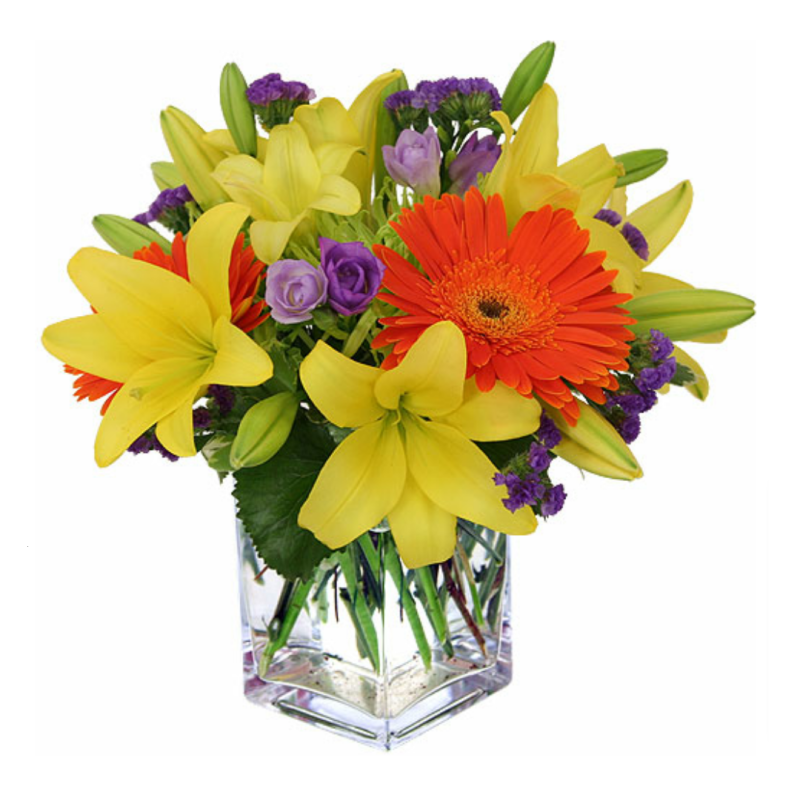 Colorful Joy Square Vase Yellow Lily and Gerbera Arrangement