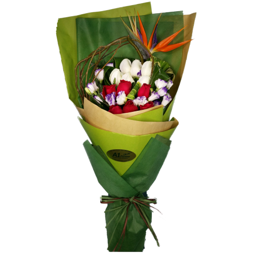 Bird Paradise Charm Bouquet with Red and White Roses 2844