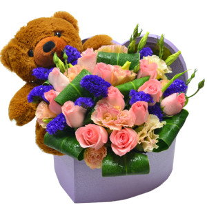 Ecuador Rose Garden Teddy Bear Heart with 12 Pink Roses