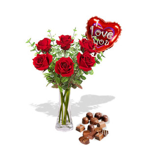 6 Roses package with Chocolate Box and I Love You Helium Balloon