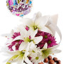 Asiatic and Chryssie Package with Chocolate Box and Helium Happy Birthday Balloon
