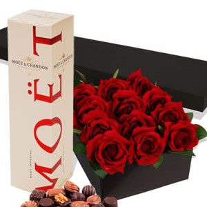 Romance Package , One Dozen Rose in Gift Box, Gift Box Chocolate and 75cl Moet Chondon Champagne