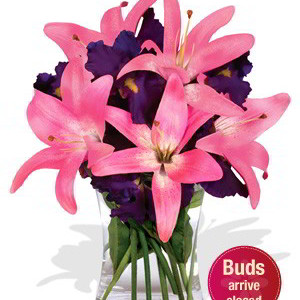 Iris and Pink Lily Vase Bouquet