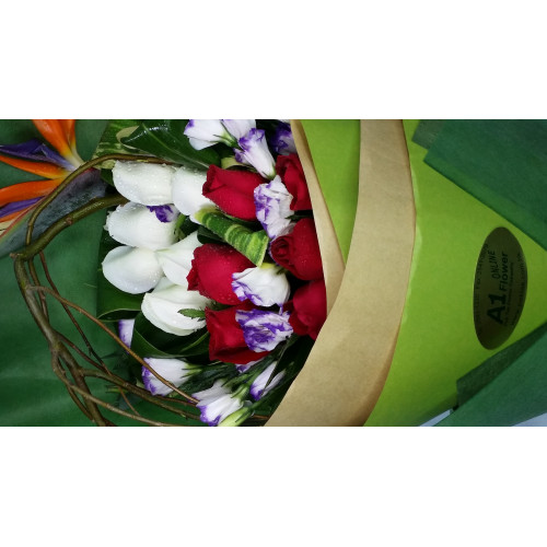 Bird Paradise Charm Bouquet with Red and White Roses 2844